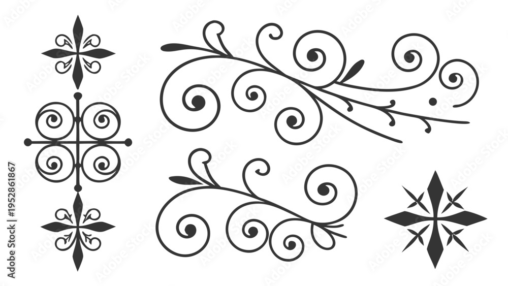 Obraz premium Wrought iron scrollwork patterns and floral symbols for blacksmithing and metal fence design elements in classic victorian and baroque style vector