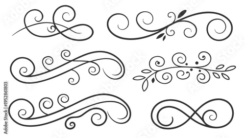 Elegant swirl ornaments and decorative dividers for invitations cards and graphic design flourishes lines and floral elements