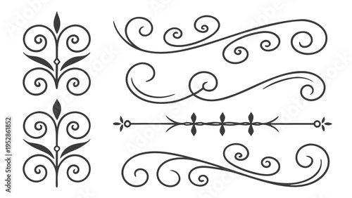 Collection of hand drawn calligraphic flourishes and elegant dividers in black ink on white background for wedding stationery and luxury menu design
