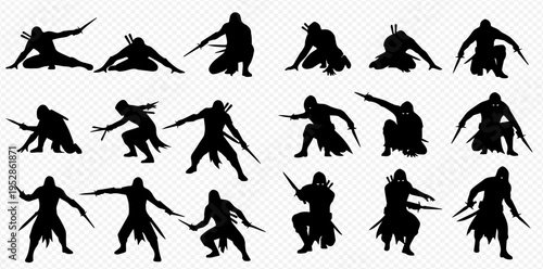 Set of black silhouettes of ninjas or assassins in various fighting poses, ready for action, on a transparent background.