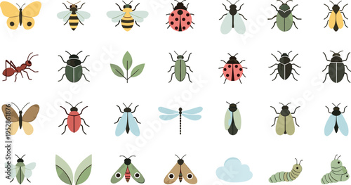 Flat insect icons collection with beetles bees butterflies dragonfly ants caterpillars and nature elements minimal vector illustration set