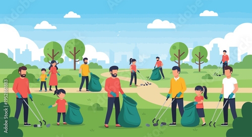 Community members cleaning park together.