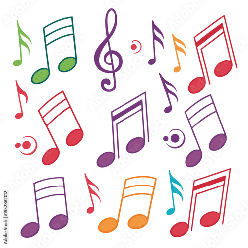 Set of various musical notes and symbols with bold outlines and flat colors including sixteenth notes and treble clef for professional branding