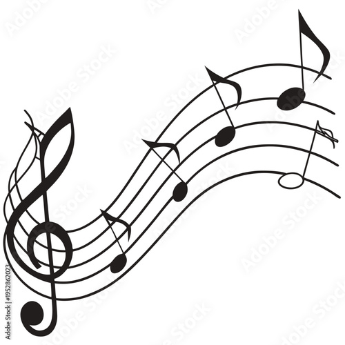 Abstract musical score with black treble clef and flowing wavy staff lines featuring floating eighth and quarter notes for creative artistic design