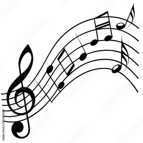 Black musical notes and treble clef on a sweeping staff, dynamic, melodic, artistic composition, music concept, vector illustration, clean design
