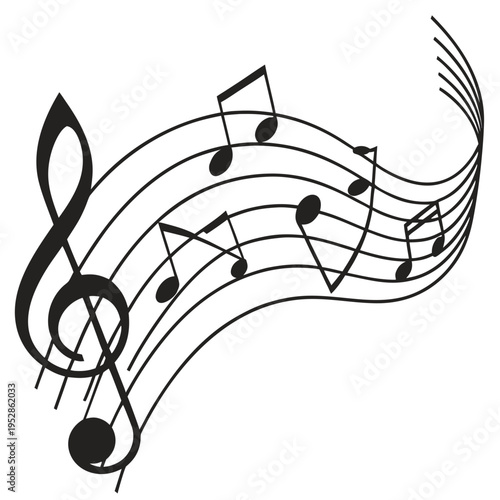 Intricate musical composition vector showing a large treble clef on the left side with dense wavy lines and scattered musical notes for graphic media