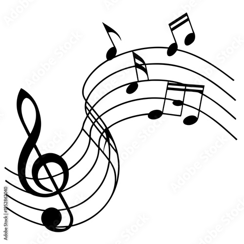 Dynamic music illustration with multiple eighth notes and sixteenth notes floating on wavy staff lines beginning with a bold black treble clef symbol