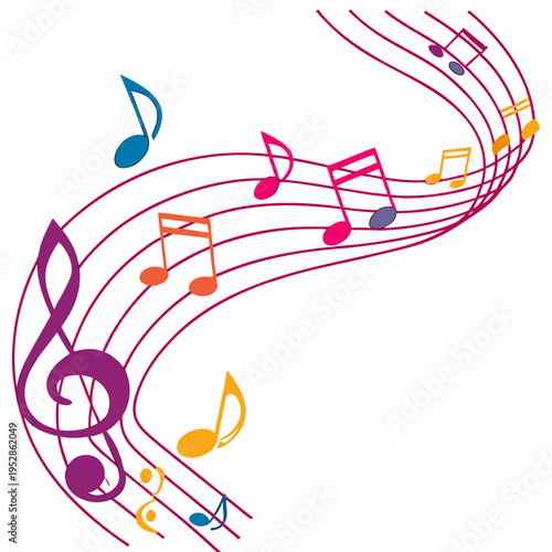 Colorful music notes and clef on a red staff, dynamically arranged to represent melody and harmony in graphic design template
