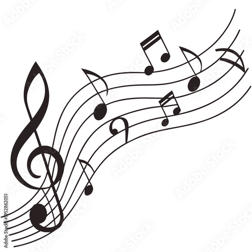 Creative musical staff graphic featuring a large treble clef followed by a series of rising wavy lines and black notes representing musical movement