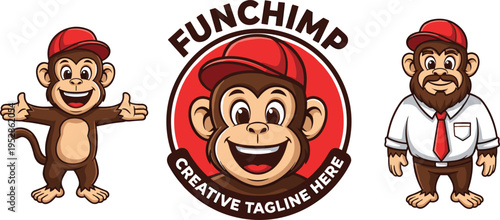 Creative cartoon chimpanzee mascot logo design with red cap fun playful character branding concept vector illustration for company identity children entertainment business artwork