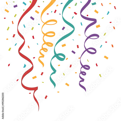 Brightly colored party streamers and confetti falling from top forming a festive design element for celebrations holidays