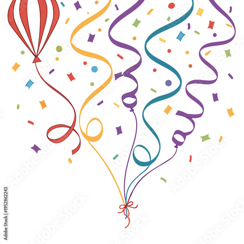 Celebration balloons with colorful curling streamers and confetti falling from above for party and happy events backdrop vibrant joyful and fun occasion