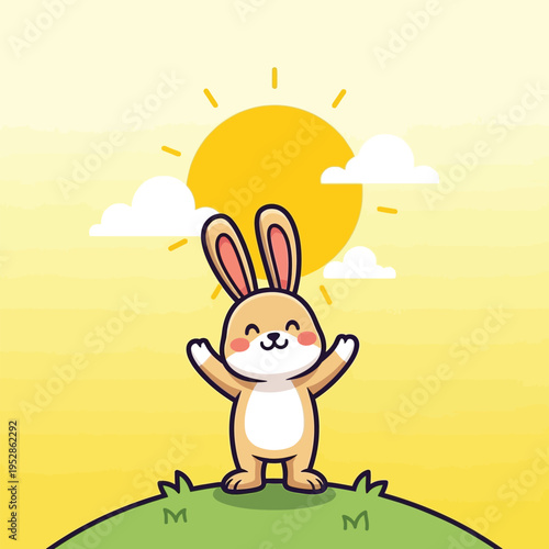 Cute cartoon bunny rabbit standing happily outdoors.