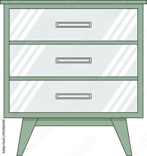 Modern minimalist dresser chest of drawers vector illustration with green frame gray glossy drawers mid century furniture stylish home decor interior artwork concept