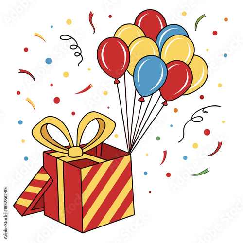 Surprise gift box with many colorful balloons and flying confetti for anniversary celebration or birthday party invitation design concept art vector