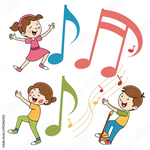 Excited children enjoying music and dancing with large musical symbols and cheerful notes and lively atmosphere and dynamic poses and pure delight and youthful spirit