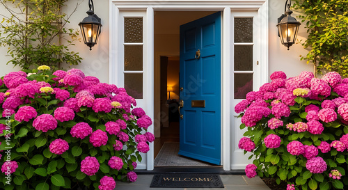 Elegant white doorway with a vibrant blue door framed by lush pink hydrangeas on transparent