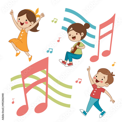 Energetic children dancing and playing with musical symbols and joyful expressions and colorful notes and lively movements and vibrant backgrounds and pure childish glee