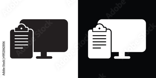 Desktop monitor with a clipboard and checklist document. Creative icon for task management, digital reporting, online surveys, business planning, and electronic health records.