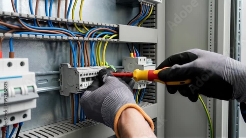 Male electrician installing electrical wire using screwdriver. Worker hand in safety glove connecting cables to a terminal in control panel.