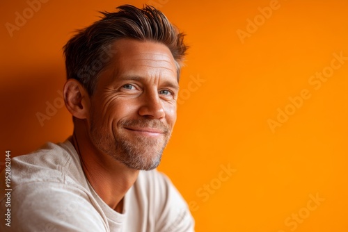 Portrait of a content caucasian man in his 40s smiling at the camera isolated on soft orange background