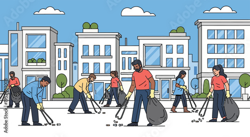 Community members cleaning up urban street together.