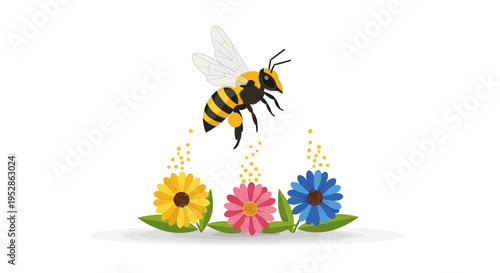 Bee collecting pollen from colorful flowers on white background, illustration