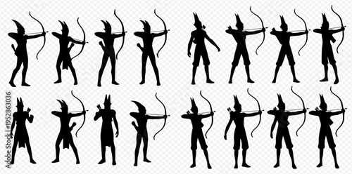 Ancient Egyptian archer silhouettes with bows and arrows in various poses, historical warrior collection.