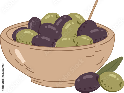 Bowl of green and black olives with wooden toothpick and olive branch, hand drawn flat illustration in earthy tones