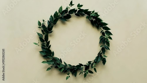 Elegant green leaf wreath arranged in a circular frame on a soft beige background.