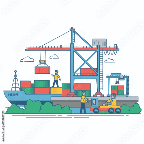 Container Ship Loading and Unloading at Port with Cranes and Workers.