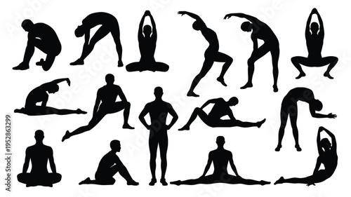 Collection of black silhouette yoga poses for fitness and wellness various meditation stances