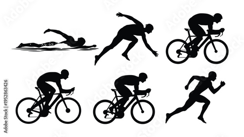 Triathlete silhouettes engaging in swimming cycling and running