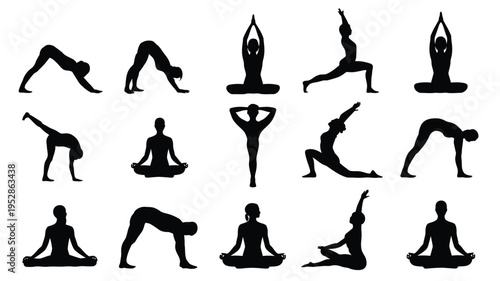 Collection of black silhouette yoga poses for fitness and wellness various meditation stances on white background