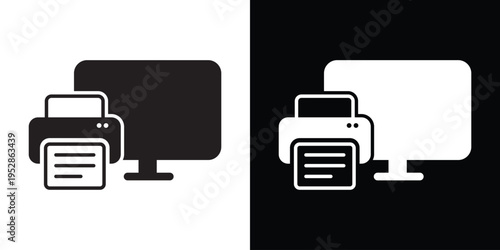 Computer monitor connected to a printer icon. Professional symbol for local printing, wireless printing services, digital documentation, and office hardware connectivity.