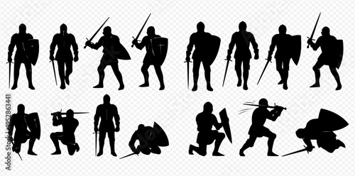 Set of medieval knight silhouettes in various poses with swords and shields, isolated on a transparent background.