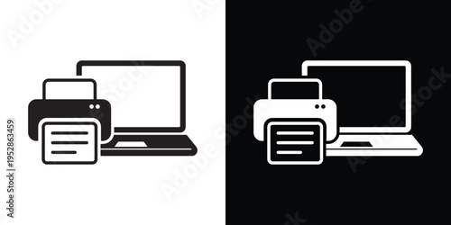 Computer monitor connected to a printer icon. Professional symbol for local printing, wireless printing services, digital documentation, and office hardware connectivity.