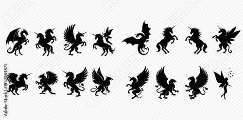 Collection of Mythical Creatures Silhouettes: Dragons, Unicorns, Griffins, and Fairies in Various Poses.