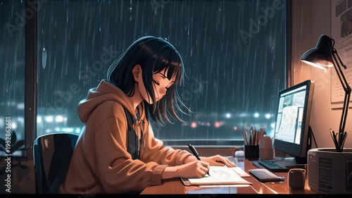 Anime girl studying at desk during rainy night, cozy lofi workspace scene