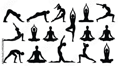 Collection of black silhouettes of people practicing various yoga poses on white background for fitness and wellness concepts