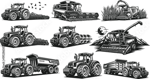 Black and white vector illustration of diverse agricultural machinery including tractors, harvesters, trailers, rural farming scenes, mechanical equipment, precision tools, stylized technical drawing