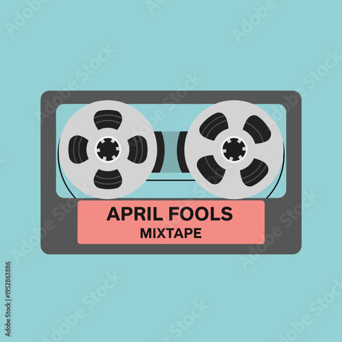 Retro cassette tape with label april fools mixtape, vintage illustration for april fools day, music and prank