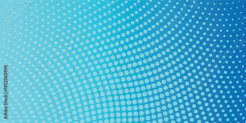 Abstract background with dynamic blue and cyan pop art halftone dot pattern.