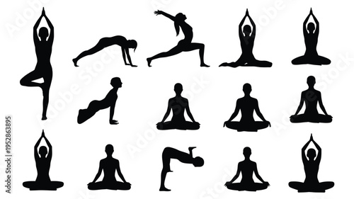 Various yoga poses in black silhouette on white background for fitness and wellness concepts