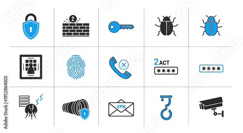 Collection of cybersecurity and technology icons for business security