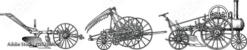 Black and white vector illustration of historical agricultural machinery, traditional plow, mechanical reaper, steam traction engine, early tractor, farming technology evolution artwork