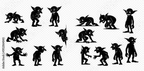 Set of black silhouettes of goblins in various poses, isolated on a transparent background.