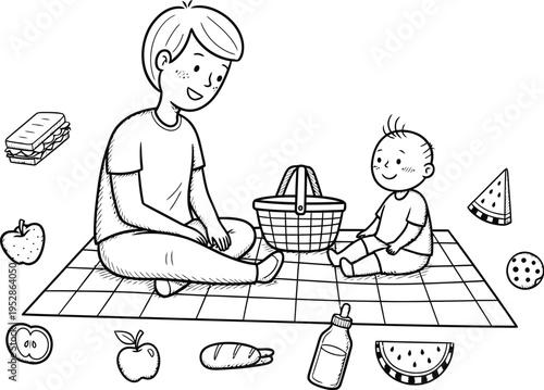 A heartwarming outline drawing of a happy father and his baby enjoying a peaceful outdoor picnic, surrounded by various food items like fruits, a sandwich, and a baby bottle.