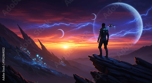 Space explorer standing on rugged cliff with glowing plants and lightning