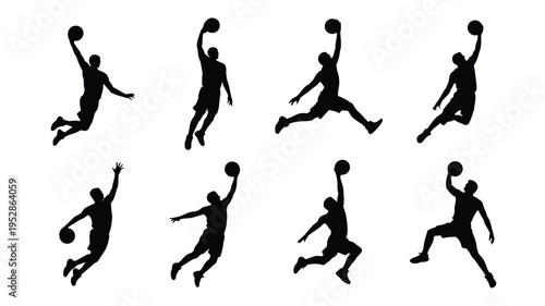 Collection of dynamic basketball player silhouettes in various jumping and throwing actions on white background